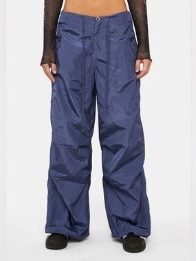 Edikted Navy Rina Nylon Cargo Pants - Oversized Low Rise Parachute Pant